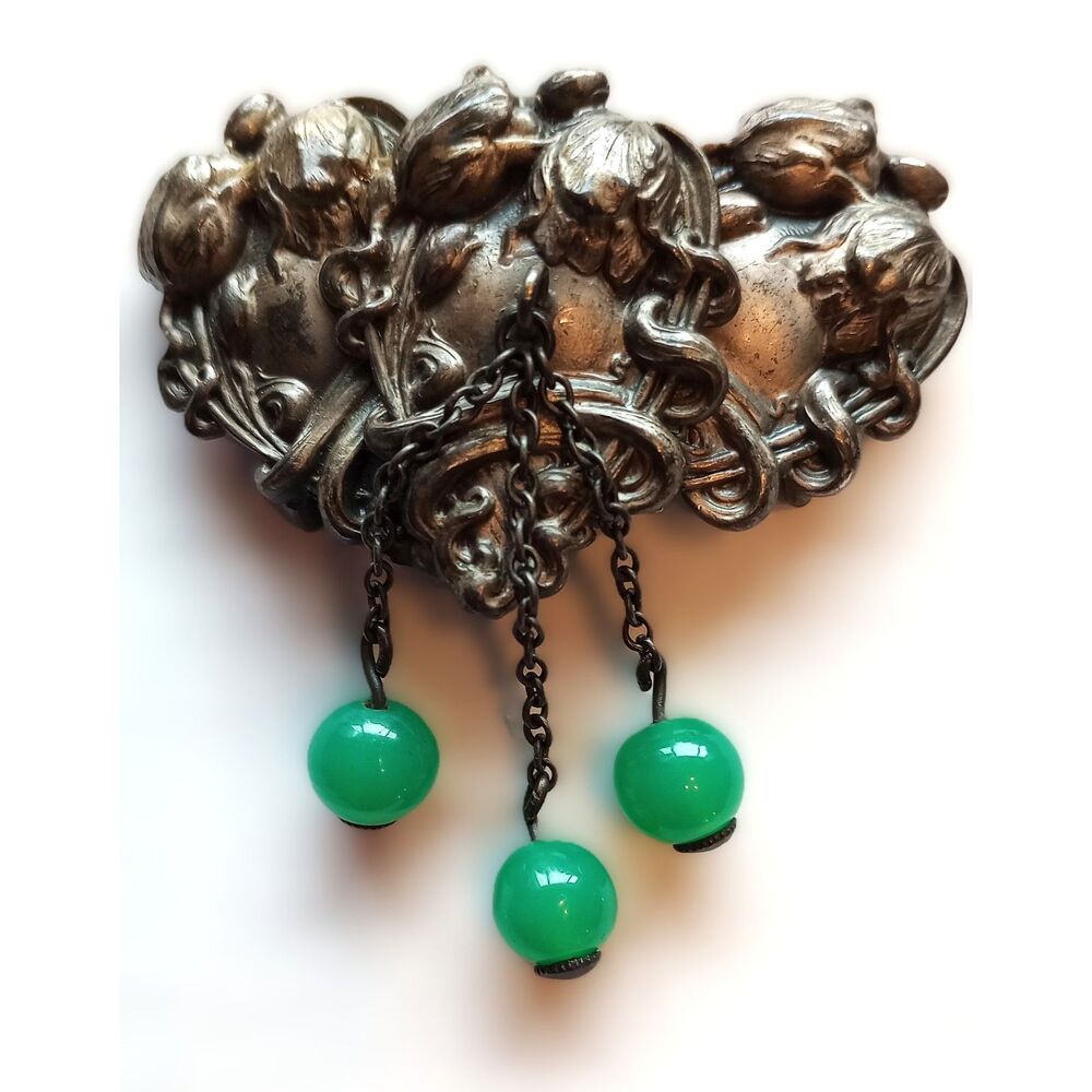 Art nouveau Sash Buckle Cherubs repousse green stone Bead Drops